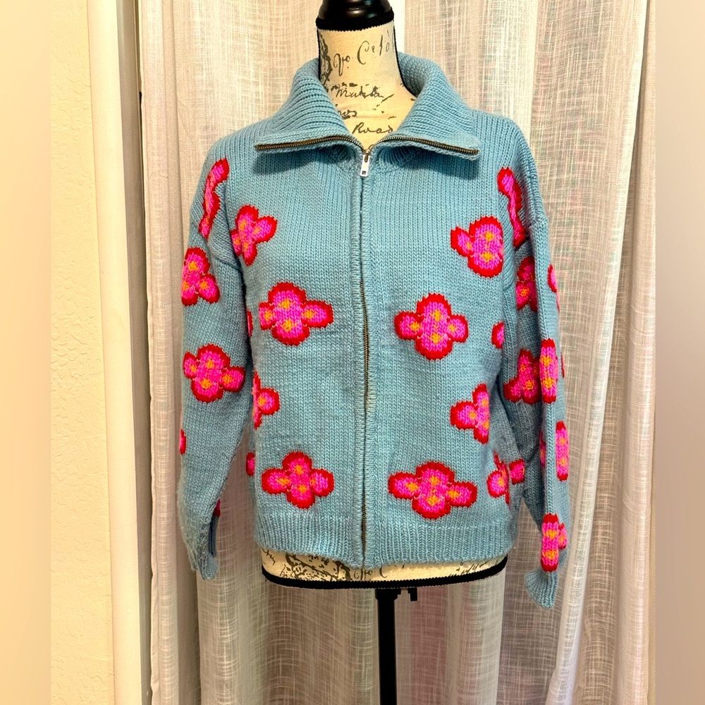 Tach Merino Wool Zip Up Sweater Size M In Sky Blue - image 2